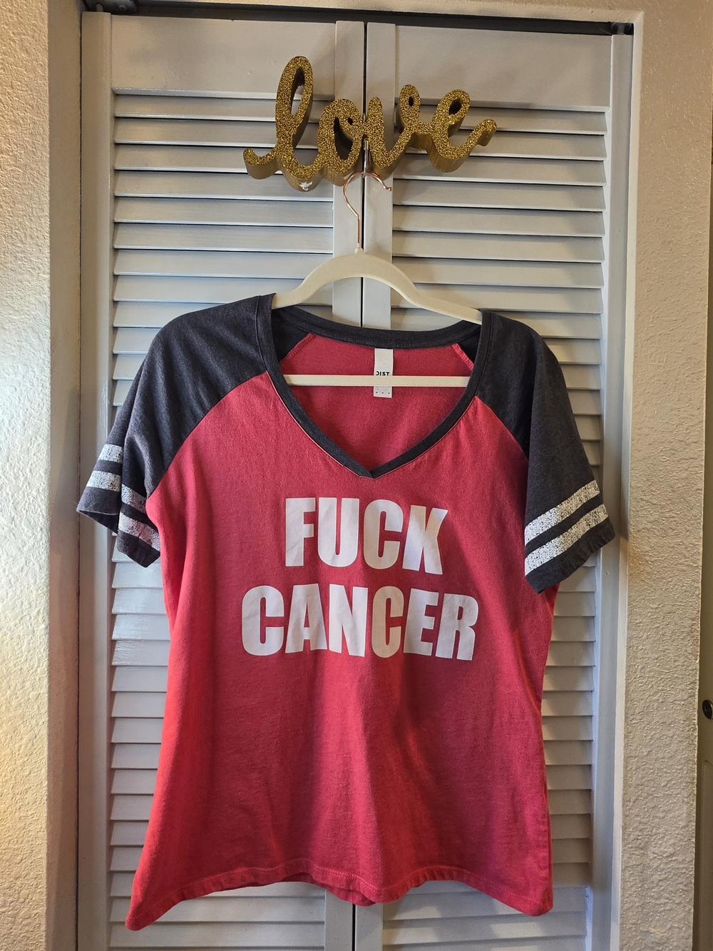 District Handmade Graphic V-Neck Athletic Raglan Tee - Pink and Charcoal Medium
